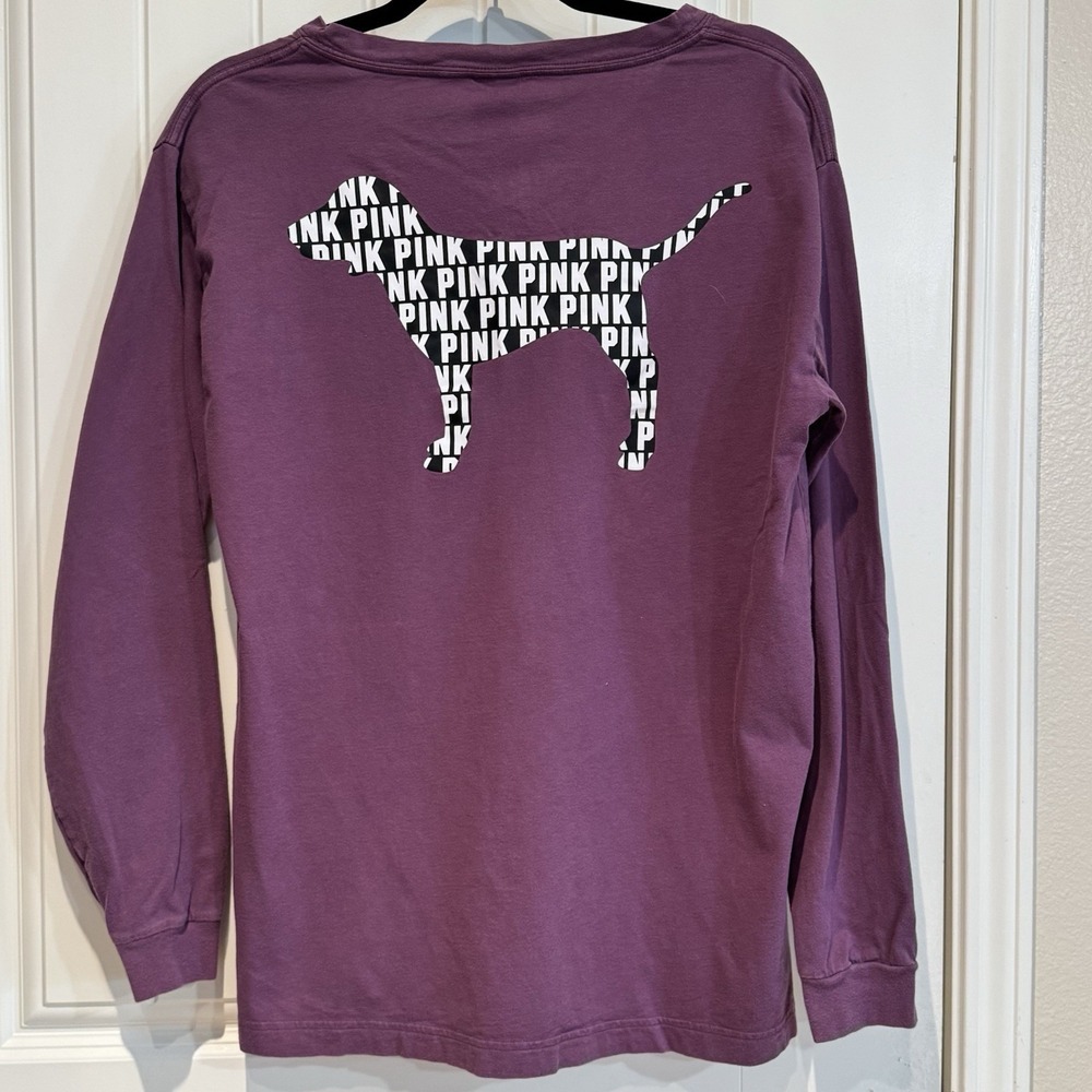 Victoria's Secret PINK Long Sleeve Pocket‎ Tee Dog Logo Graphic Pink Size M